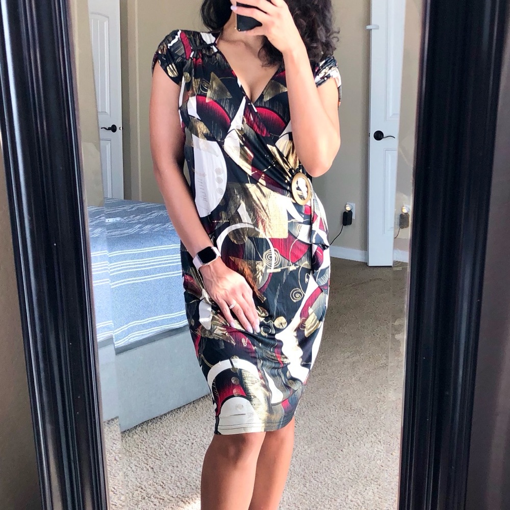 JOSEPH RIBKOFF Faux Wrap Gold Foil Geometric Dress